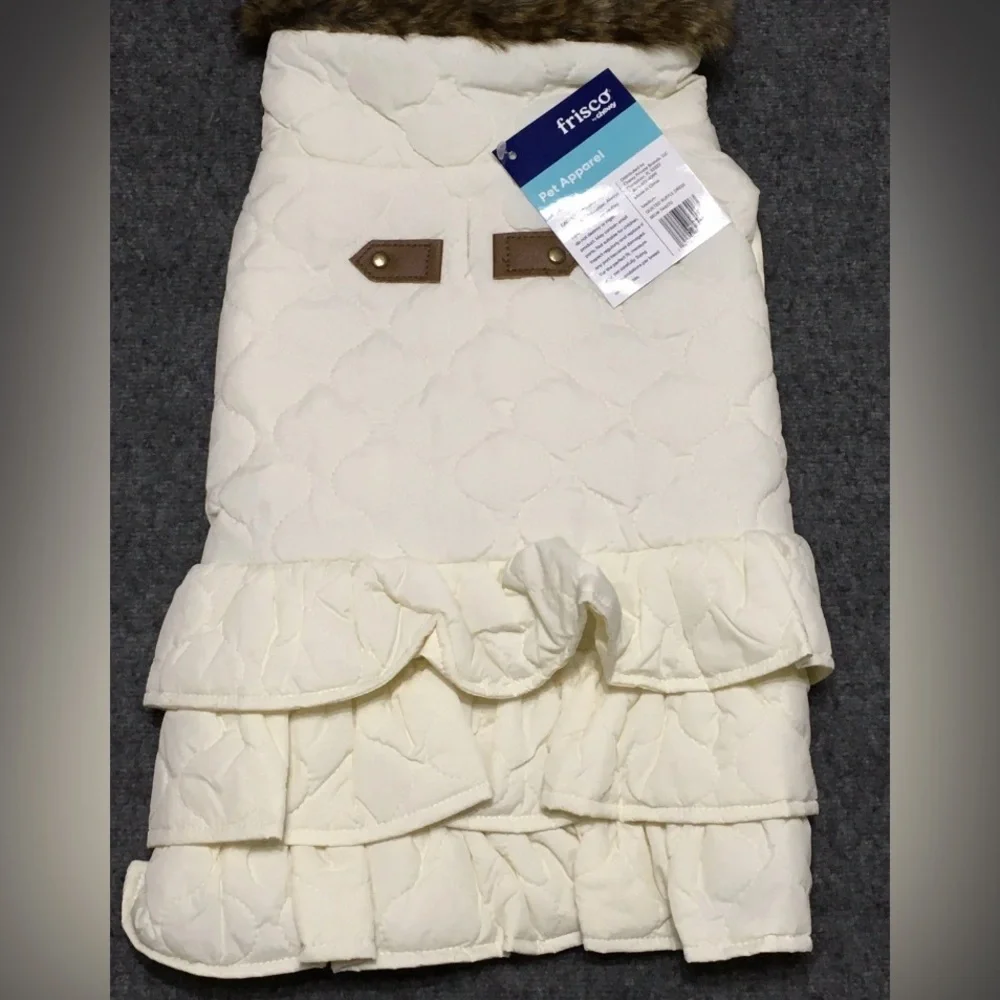 Frisco Pet Apparel M Dog / Cat Faux Fur Trim Cream Ruffle Vest Dress